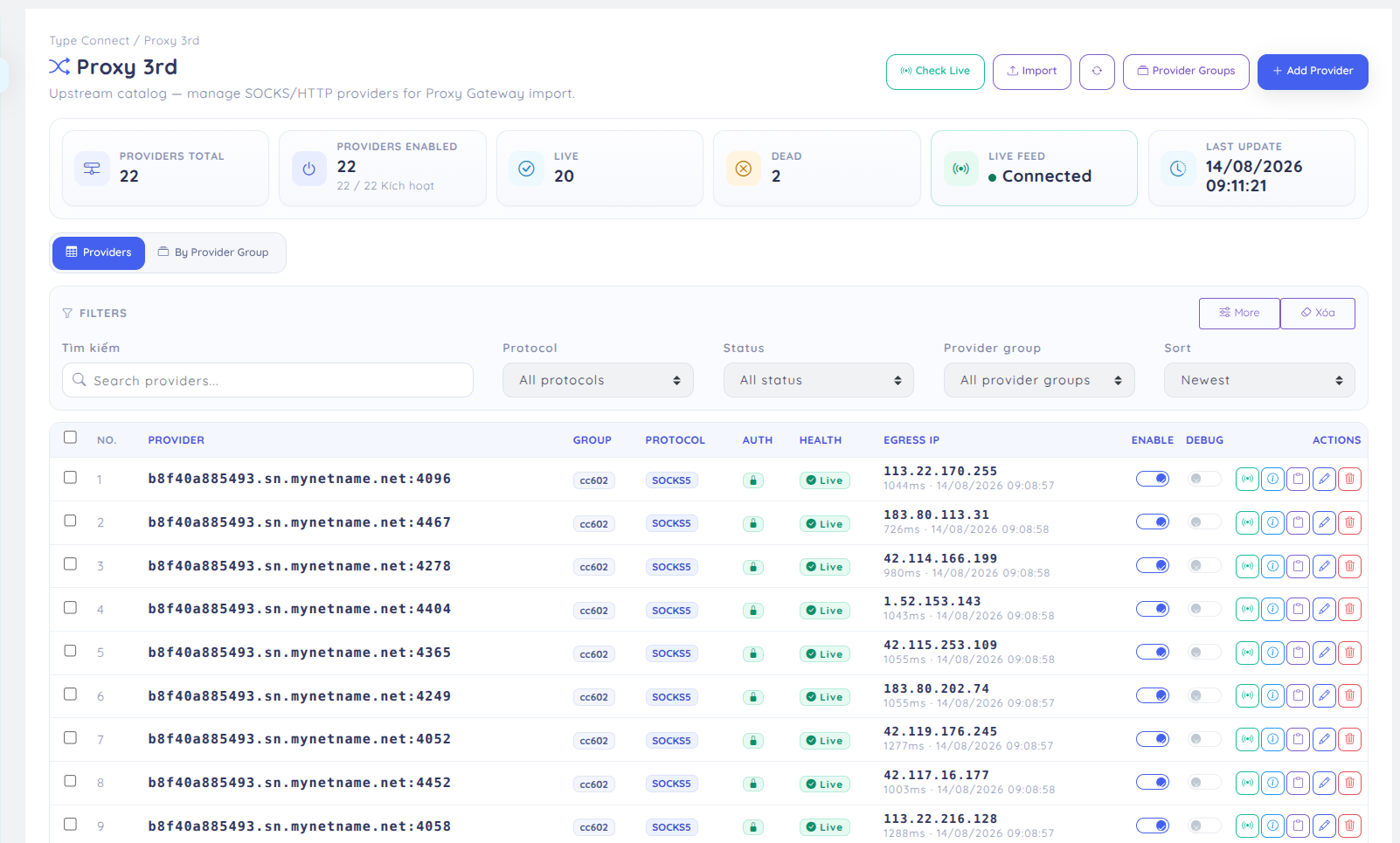 Proxy 3rd overview: provider catalog, Live/Dead stats, Live Feed and Check Live