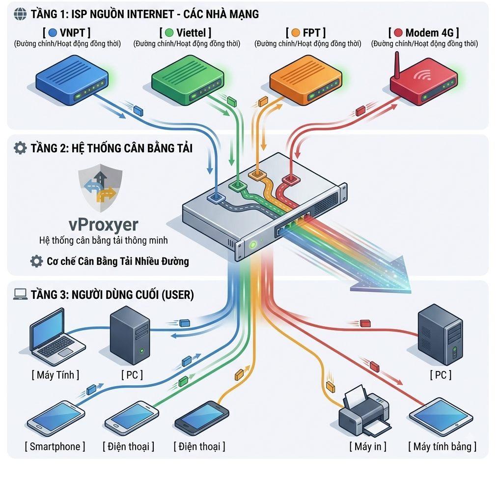 vProxyer multi-link load balancing topology: VNPT, Viettel, FPT and 4G modem running together, with sessions split across links to PCs, phones and printers.